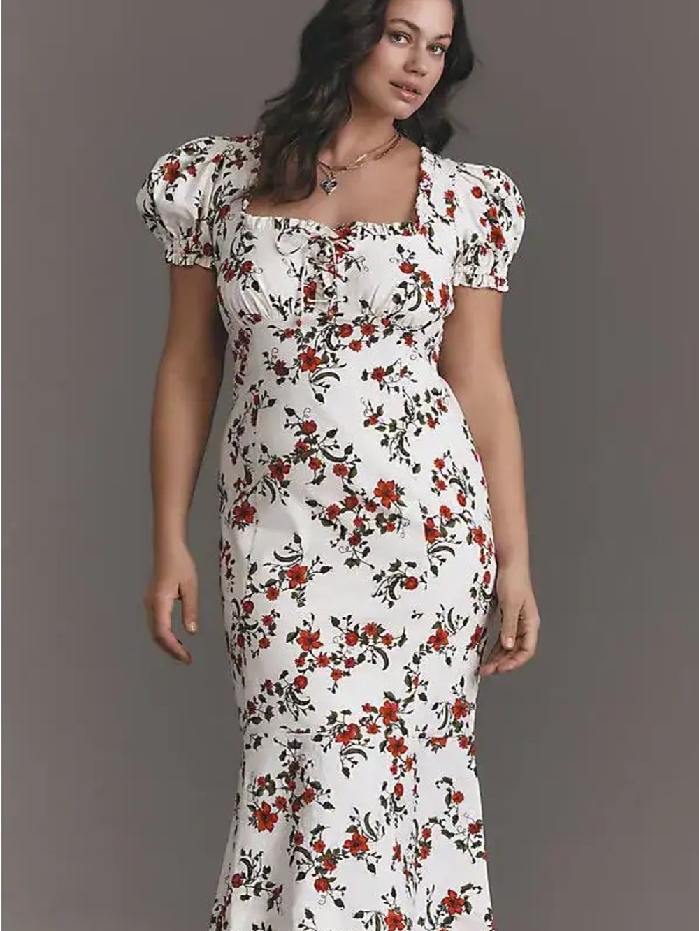 White Floral Puff-Sleeve Midi Dress with Red Floral Accents